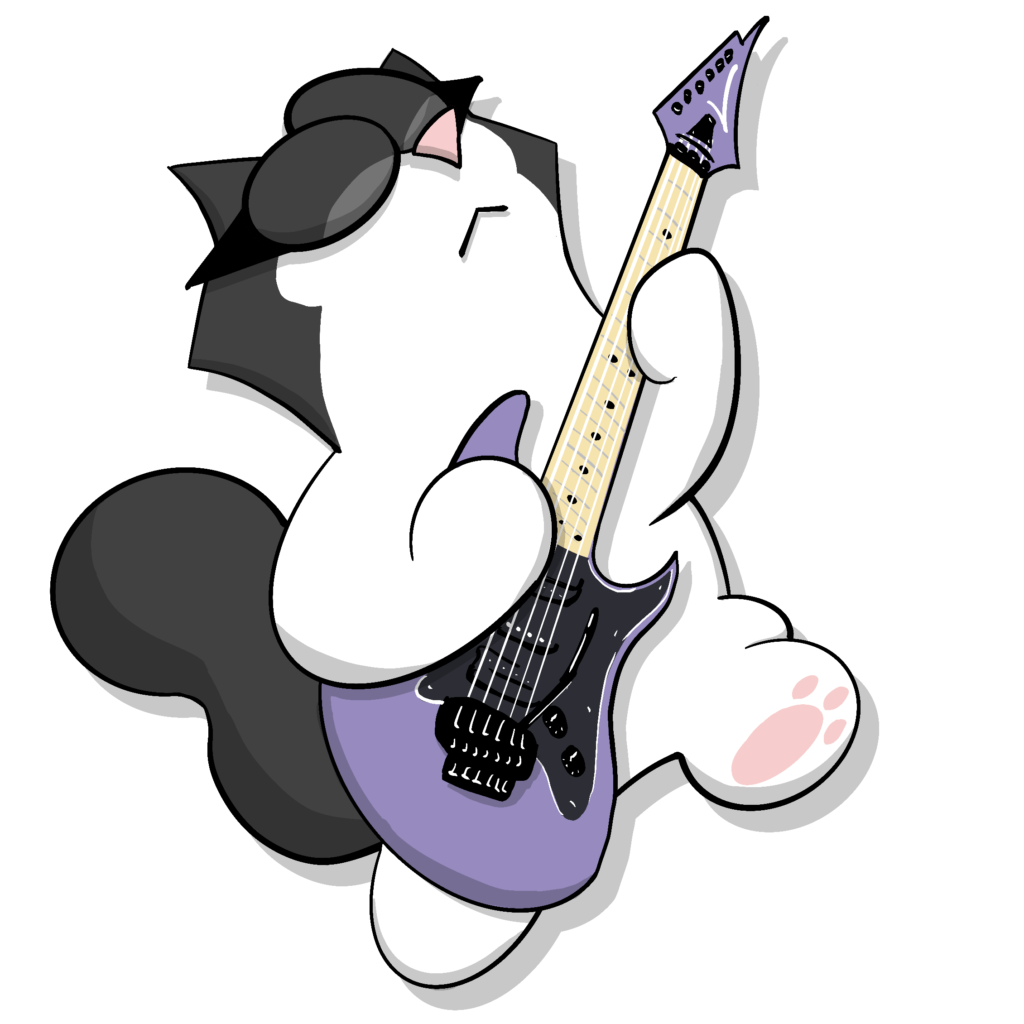 Black and white cat rocking out on a purple RG550